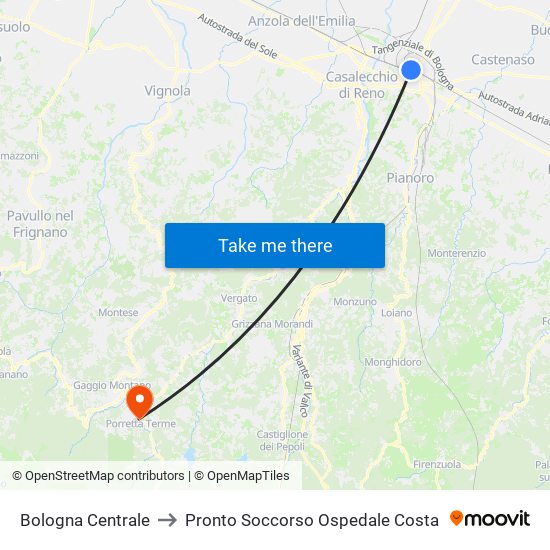 Bologna Centrale to Pronto Soccorso Ospedale Costa map