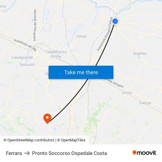 Ferrara to Pronto Soccorso Ospedale Costa map