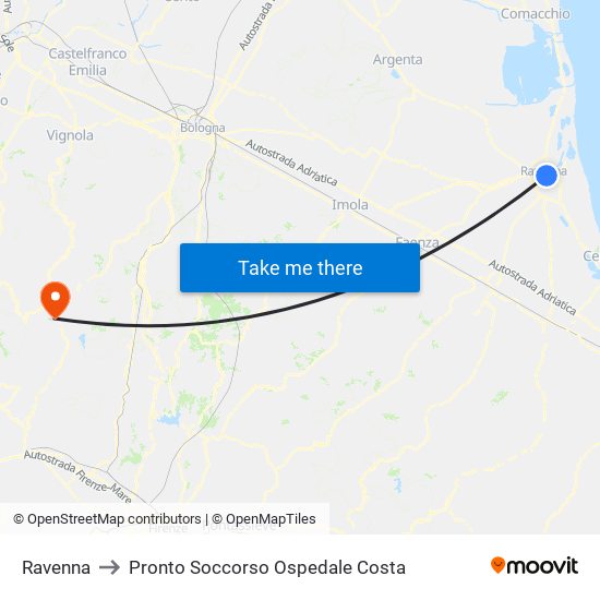 Ravenna to Pronto Soccorso Ospedale Costa map