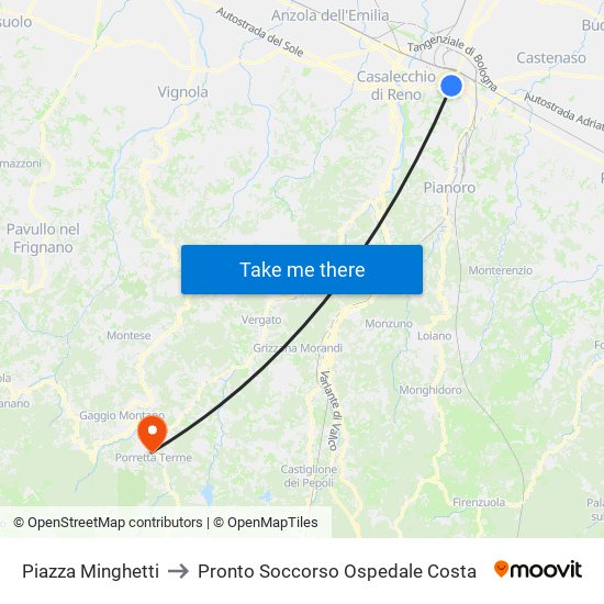 Piazza Minghetti to Pronto Soccorso Ospedale Costa map