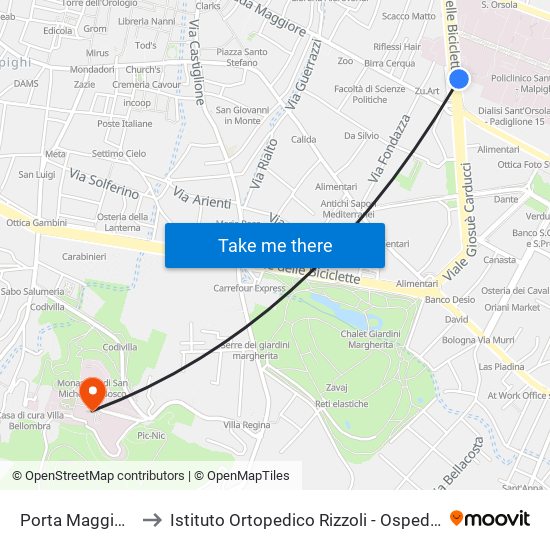 Porta Maggiore to Istituto Ortopedico Rizzoli - Ospedale map