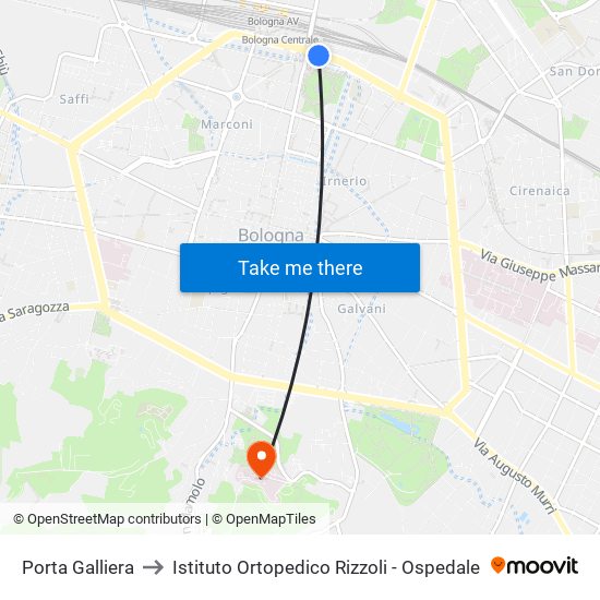Porta Galliera to Istituto Ortopedico Rizzoli - Ospedale map