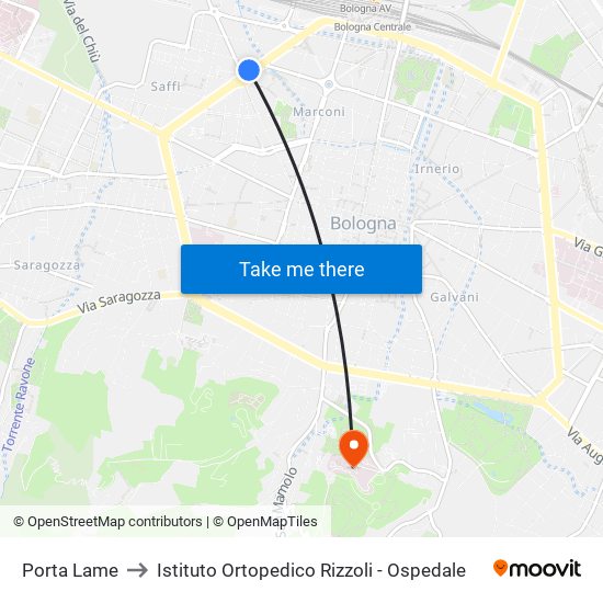 Porta Lame to Istituto Ortopedico Rizzoli - Ospedale map