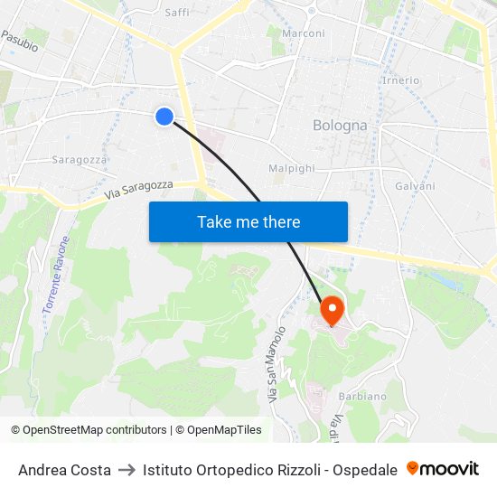 Andrea Costa to Istituto Ortopedico Rizzoli - Ospedale map