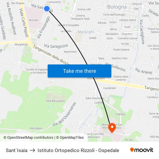 Sant`Isaia to Istituto Ortopedico Rizzoli - Ospedale map