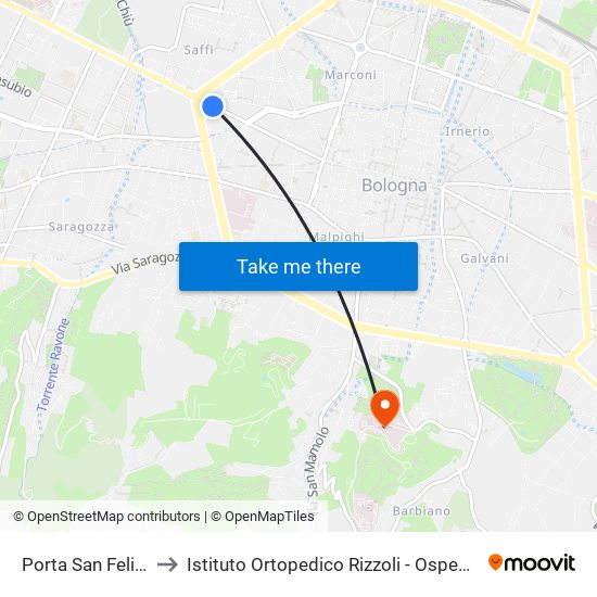 Porta San Felice to Istituto Ortopedico Rizzoli - Ospedale map