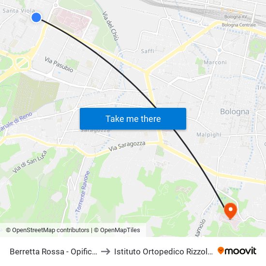 Berretta Rossa - Opificio Golinelli to Istituto Ortopedico Rizzoli - Ospedale map