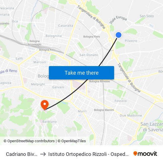 Cadriano Bivio to Istituto Ortopedico Rizzoli - Ospedale map