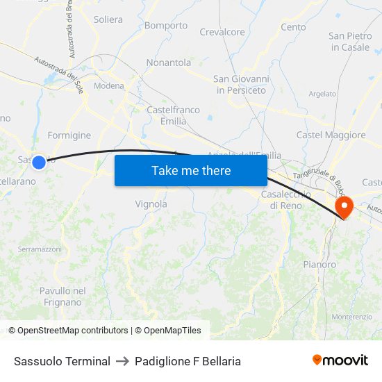 Sassuolo Terminal to Padiglione F Bellaria map