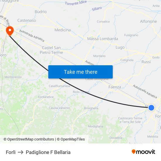 Forlì to Padiglione F Bellaria map