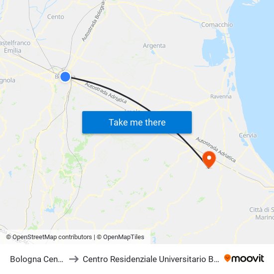 Bologna Centrale to Centro Residenziale Universitario Bertinoro map