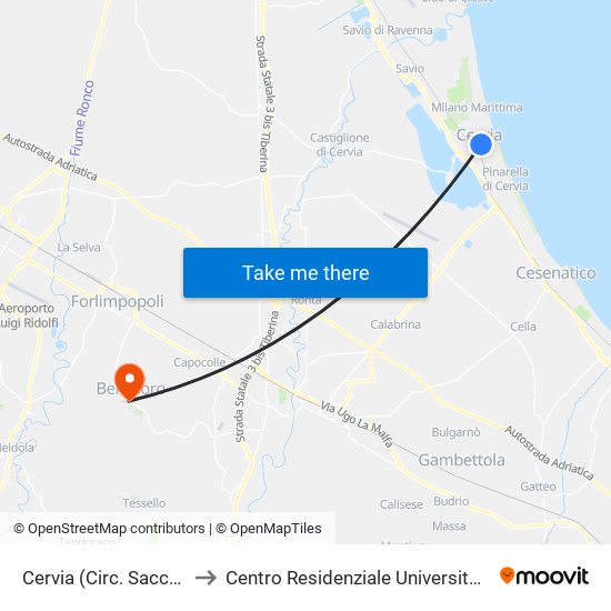 Cervia (Circ. Sacchetti Est) to Centro Residenziale Universitario Bertinoro map
