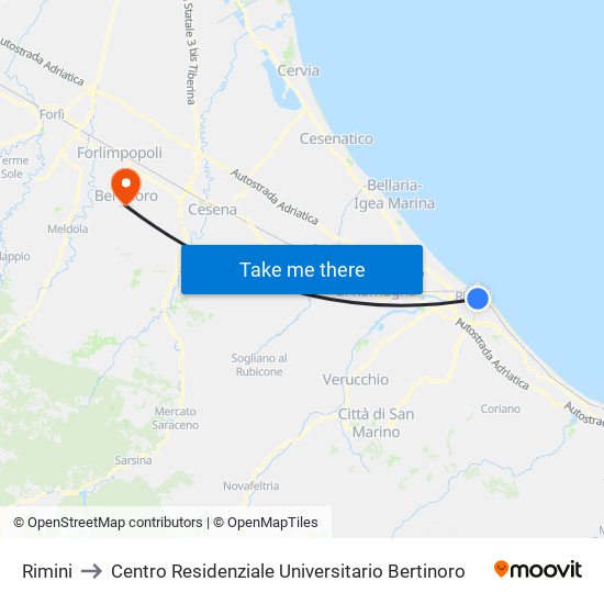 Rimini to Centro Residenziale Universitario Bertinoro map