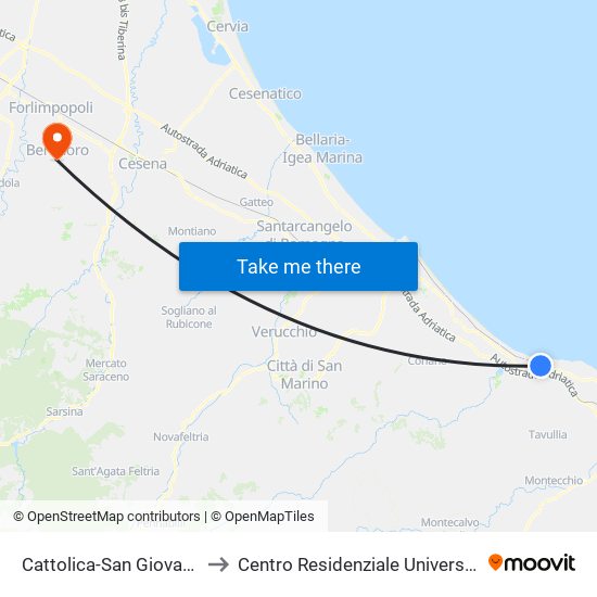 Cattolica-San Giovanni-Gabicce to Centro Residenziale Universitario Bertinoro map