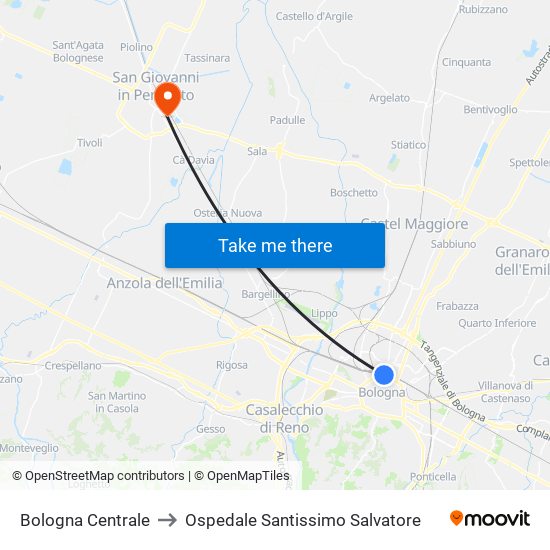 Bologna Centrale to Ospedale Santissimo Salvatore map