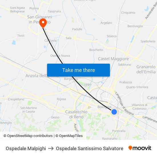 Ospedale Malpighi to Ospedale Santissimo Salvatore map