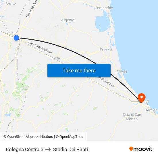 Bologna Centrale to Stadio Dei Pirati map