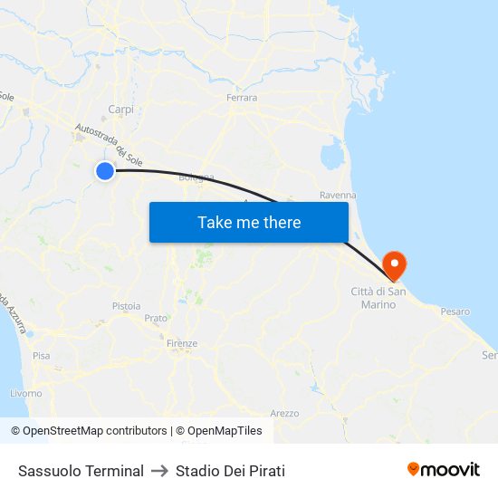 Sassuolo Terminal to Stadio Dei Pirati map