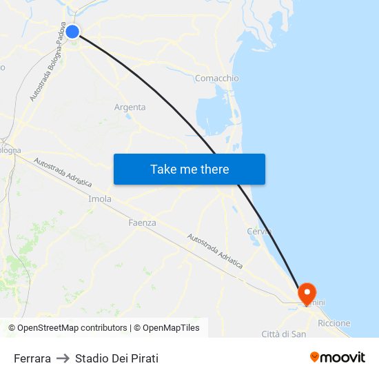 Ferrara to Stadio Dei Pirati map