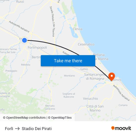Forlì to Stadio Dei Pirati map