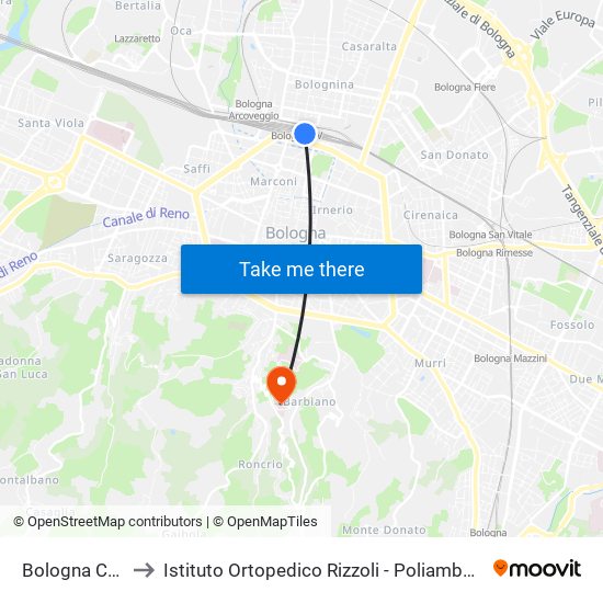 Bologna Centrale to Istituto Ortopedico Rizzoli - Poliambulatorio Barbiano map