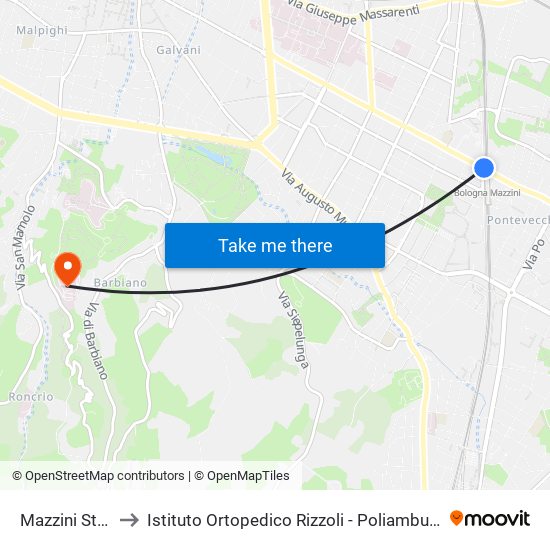 Mazzini Stazione to Istituto Ortopedico Rizzoli - Poliambulatorio Barbiano map