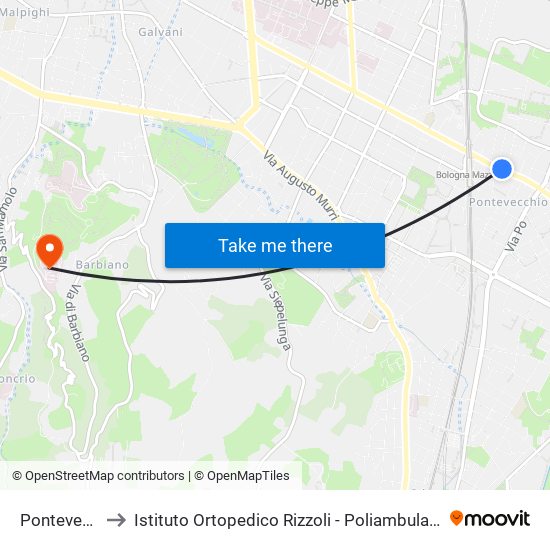 Pontevecchio to Istituto Ortopedico Rizzoli - Poliambulatorio Barbiano map