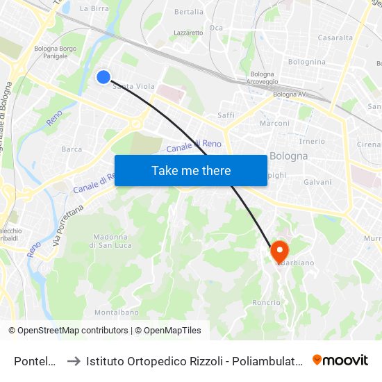 Pontelungo to Istituto Ortopedico Rizzoli - Poliambulatorio Barbiano map