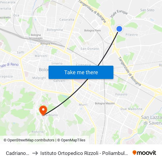 Cadriano Bivio to Istituto Ortopedico Rizzoli - Poliambulatorio Barbiano map