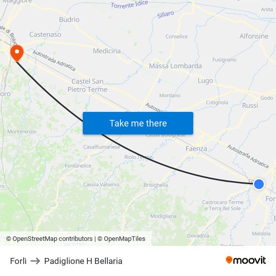 Forlì to Padiglione H Bellaria map