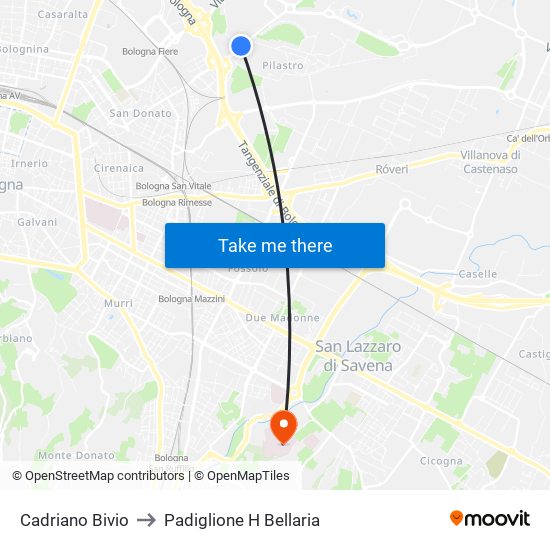 Cadriano Bivio to Padiglione H Bellaria map
