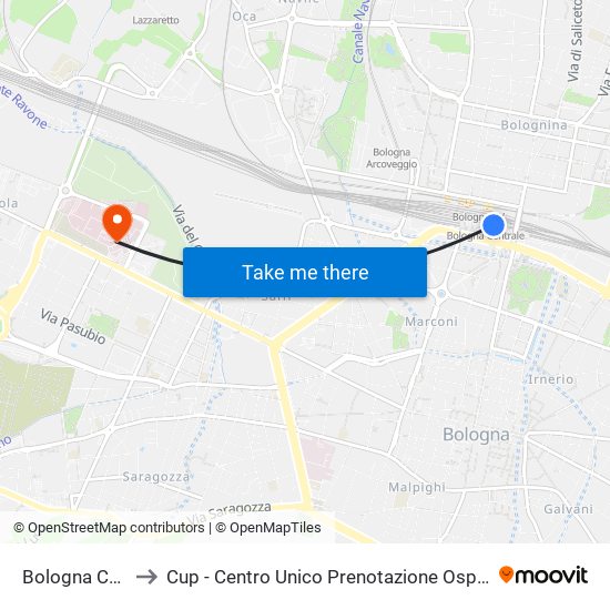 Bologna Centrale to Cup - Centro Unico Prenotazione Ospedale Maggiore map