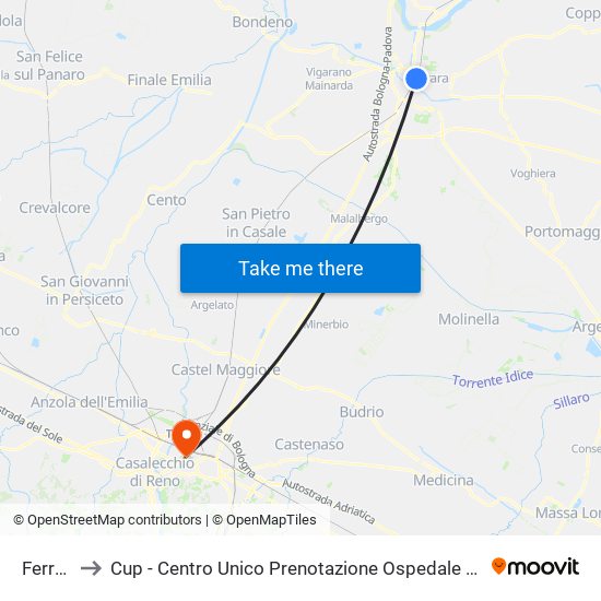 Ferrara to Cup - Centro Unico Prenotazione Ospedale Maggiore map