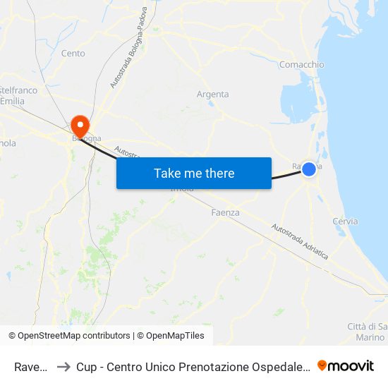 Ravenna to Cup - Centro Unico Prenotazione Ospedale Maggiore map