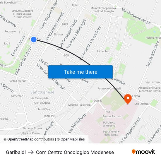 Garibaldi to Com Centro Oncologico Modenese map