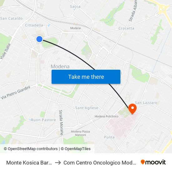 Monte Kosica Barozzi to Com Centro Oncologico Modenese map