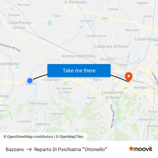 Bazzano to Reparto Di Psichiatria ""Ottonello"" map