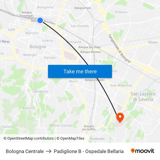 Bologna Centrale to Padiglione B - Ospedale Bellaria map