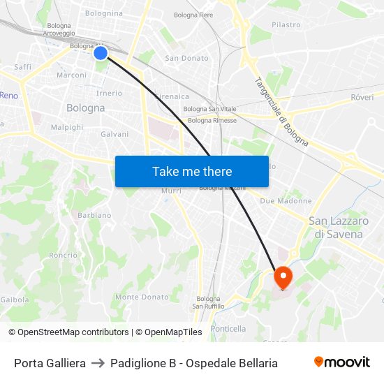 Porta Galliera to Padiglione B - Ospedale Bellaria map