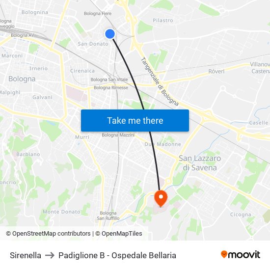 Sirenella to Padiglione B - Ospedale Bellaria map