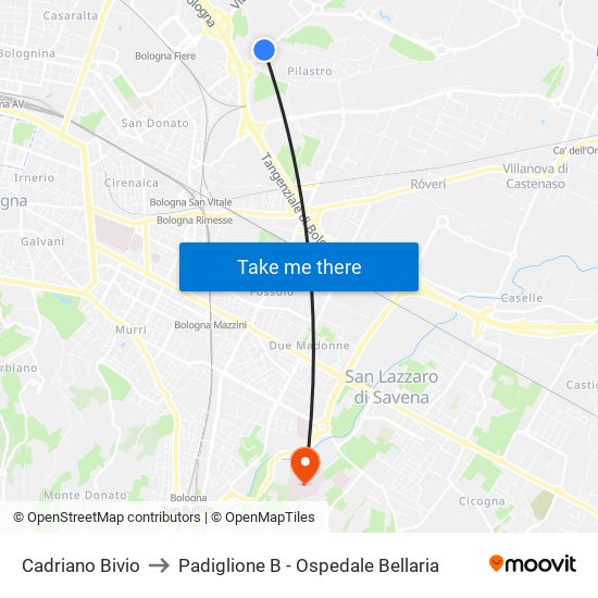 Cadriano Bivio to Padiglione B - Ospedale Bellaria map