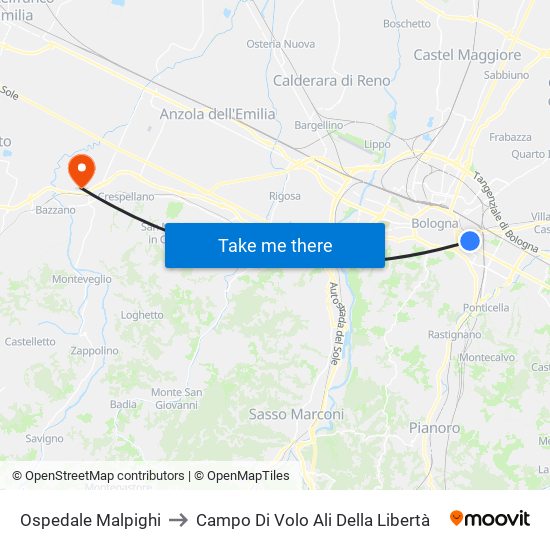 Ospedale Malpighi to Campo Di Volo Ali Della Libertà map