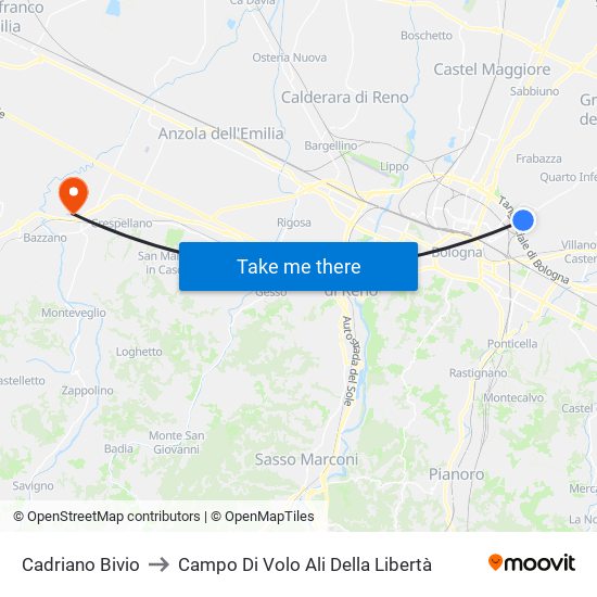 Cadriano Bivio to Campo Di Volo Ali Della Libertà map