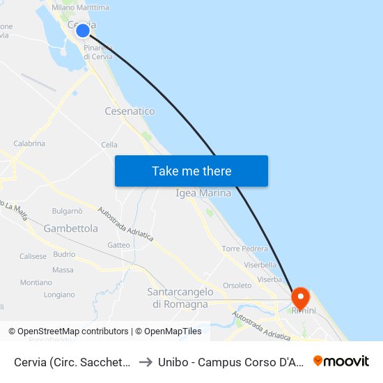 Cervia (Circ. Sacchetti Est) to Unibo - Campus Corso D'Augusto map
