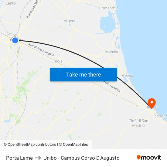 Porta Lame to Unibo - Campus Corso D'Augusto map