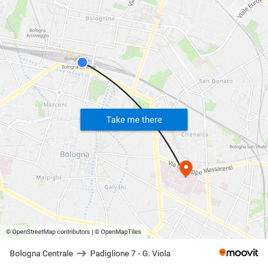 Bologna Centrale to Padiglione 7 - G. Viola map