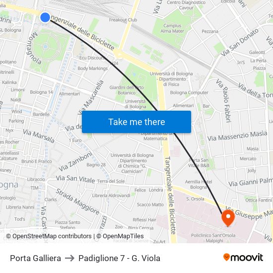 Porta Galliera to Padiglione 7 - G. Viola map