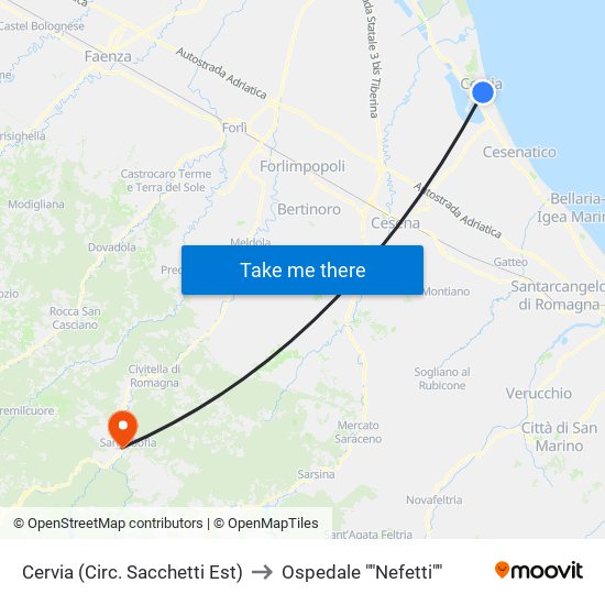 Cervia (Circ. Sacchetti Est) to Ospedale ""Nefetti"" map