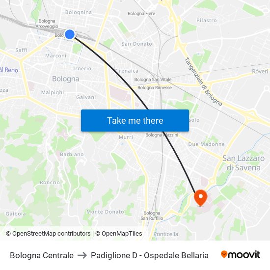 Bologna Centrale to Padiglione D - Ospedale Bellaria map