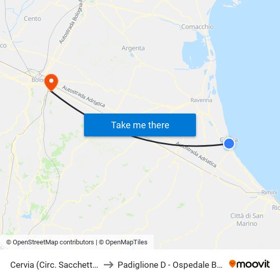 Cervia (Circ. Sacchetti Est) to Padiglione D - Ospedale Bellaria map